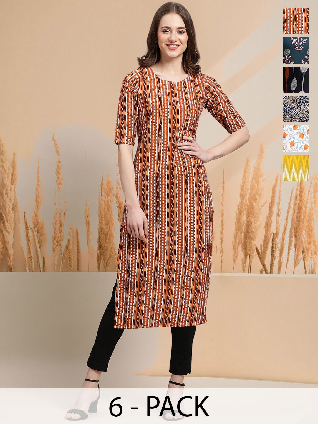 

7Threads Selection of 6 Geometric Printed Round Neck Straight Kurtas, Red