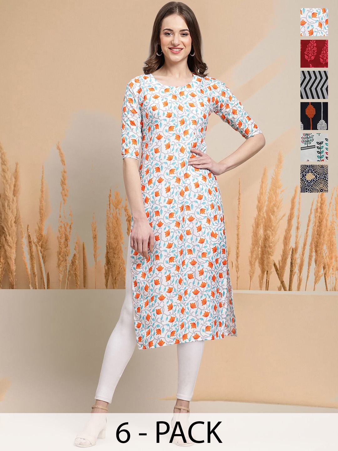 

7Threads Selection Of 6 Ethnic Motifs Printed Round Neck Straight Kurtas, White