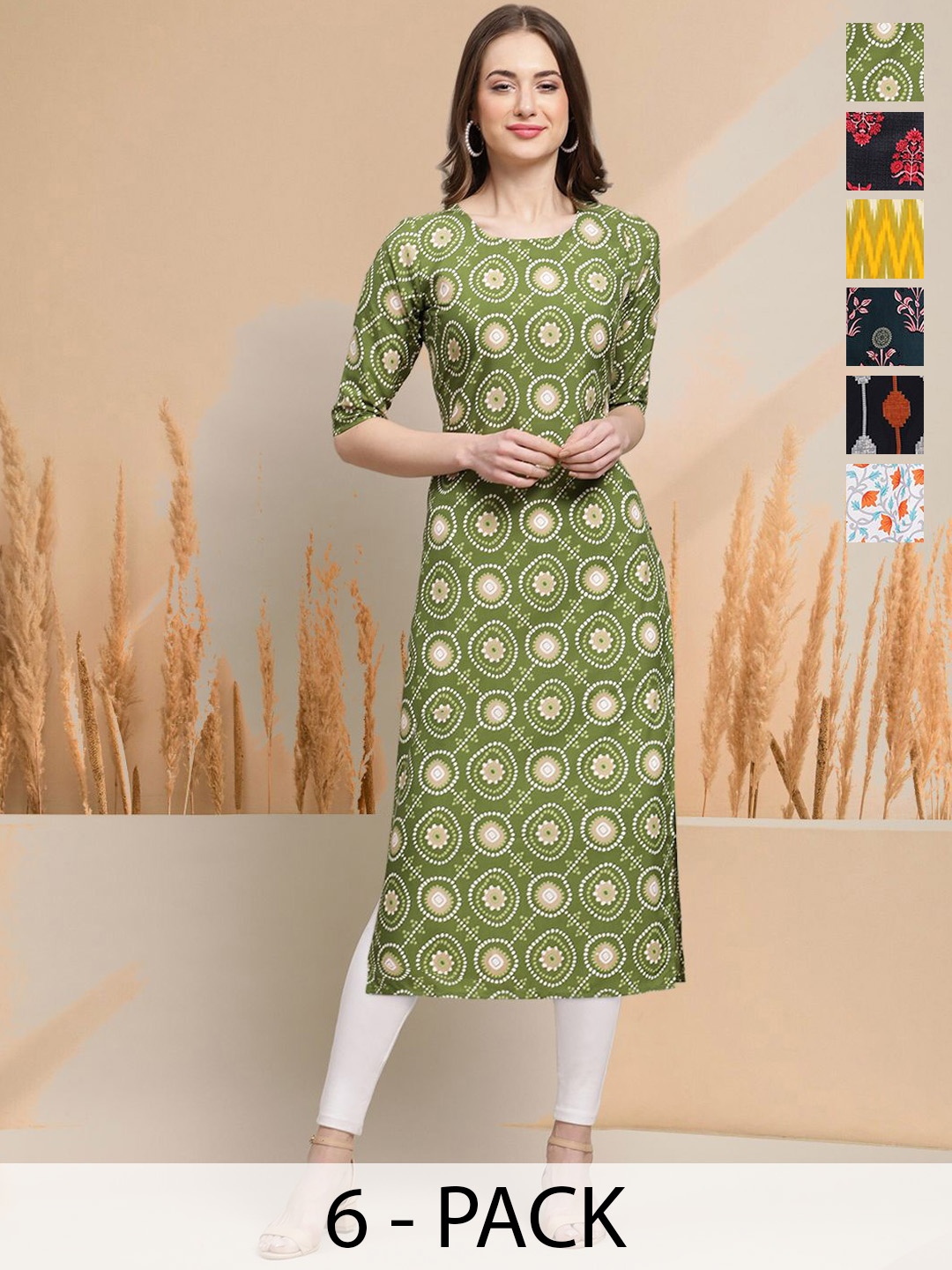 

7Threads Selection Of 6 Bandhani Printed Neck Straight Kurtas, Grey