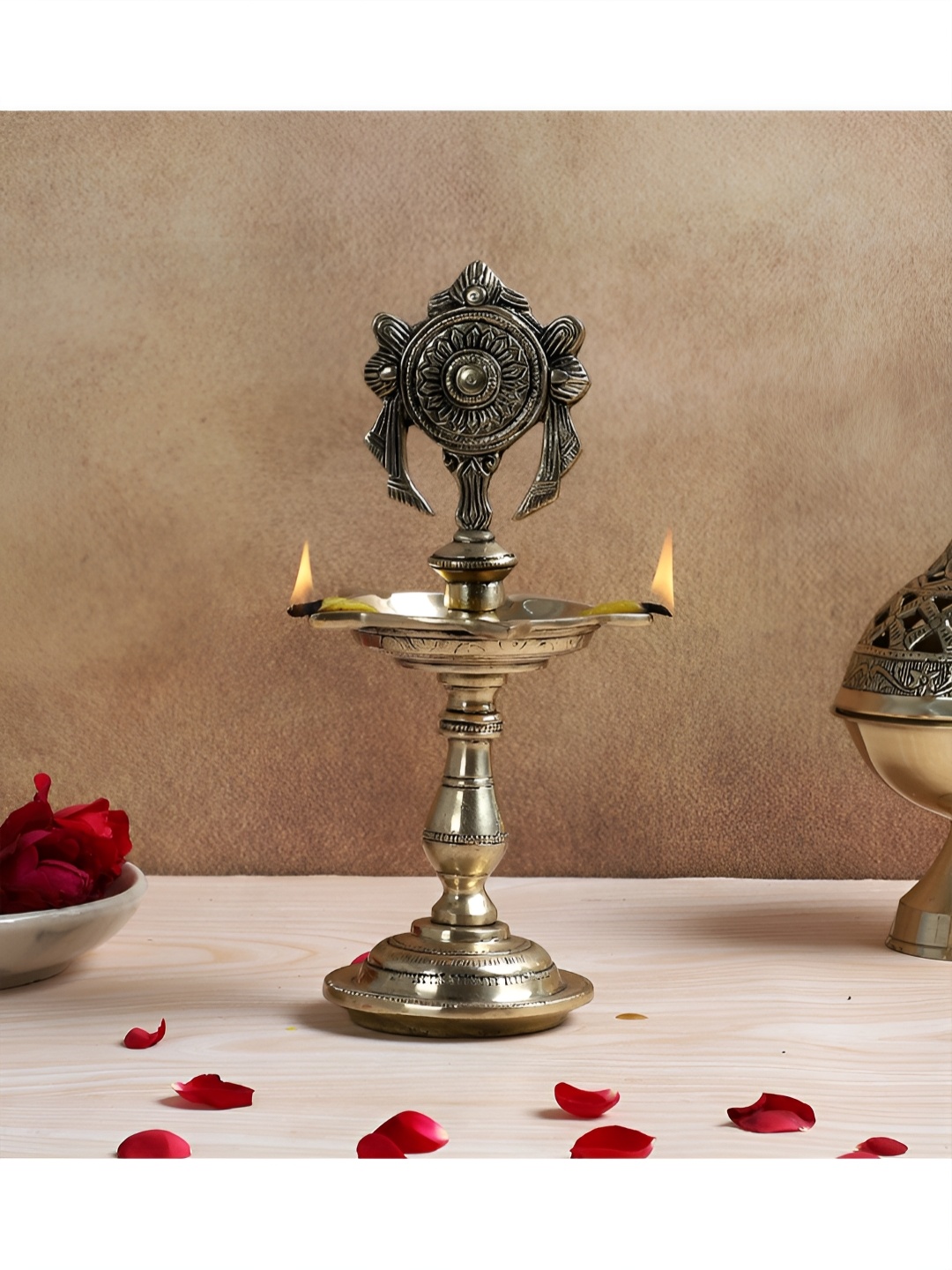 

Two Moustaches White Shankh Design 5 Oil Wick Brass Diya