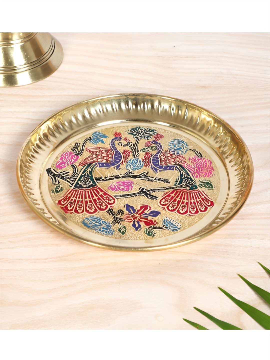 

Two Moustaches Gold-Toned and Pink Twin Peacock Carved Brass Pooja Thali