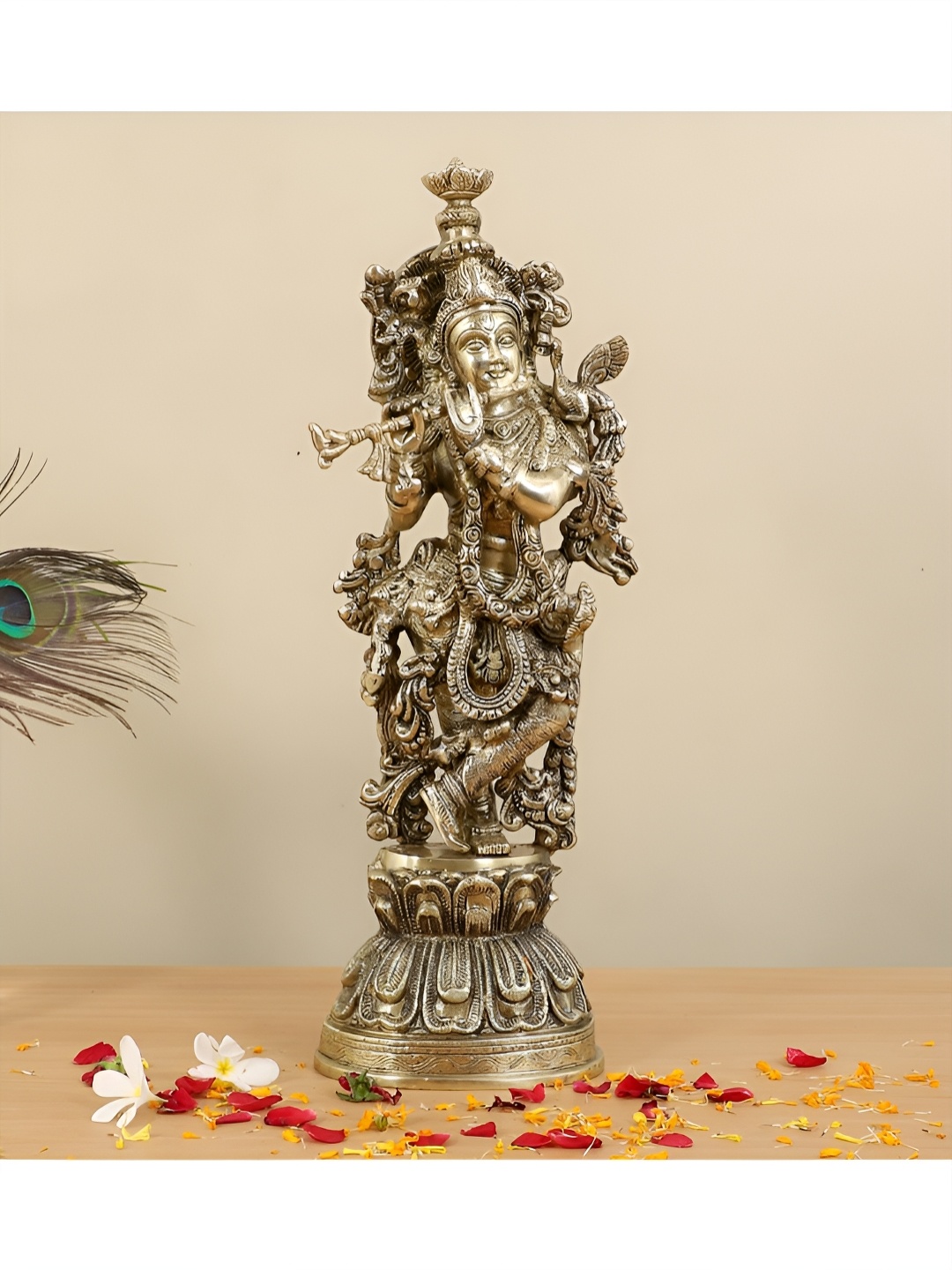 

Two Moustaches Gold-Toned Brass Murli Krishna Statue Religious Idol Showpiece