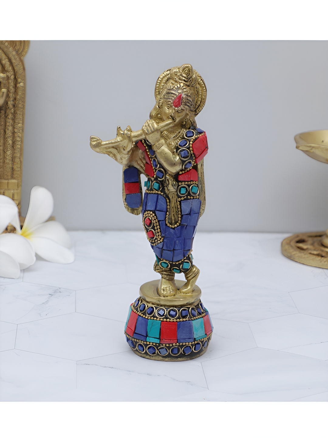 Two Moustaches Gold-Toned Brass Krishna Playing Flute Statue Religious Idol Showpiece