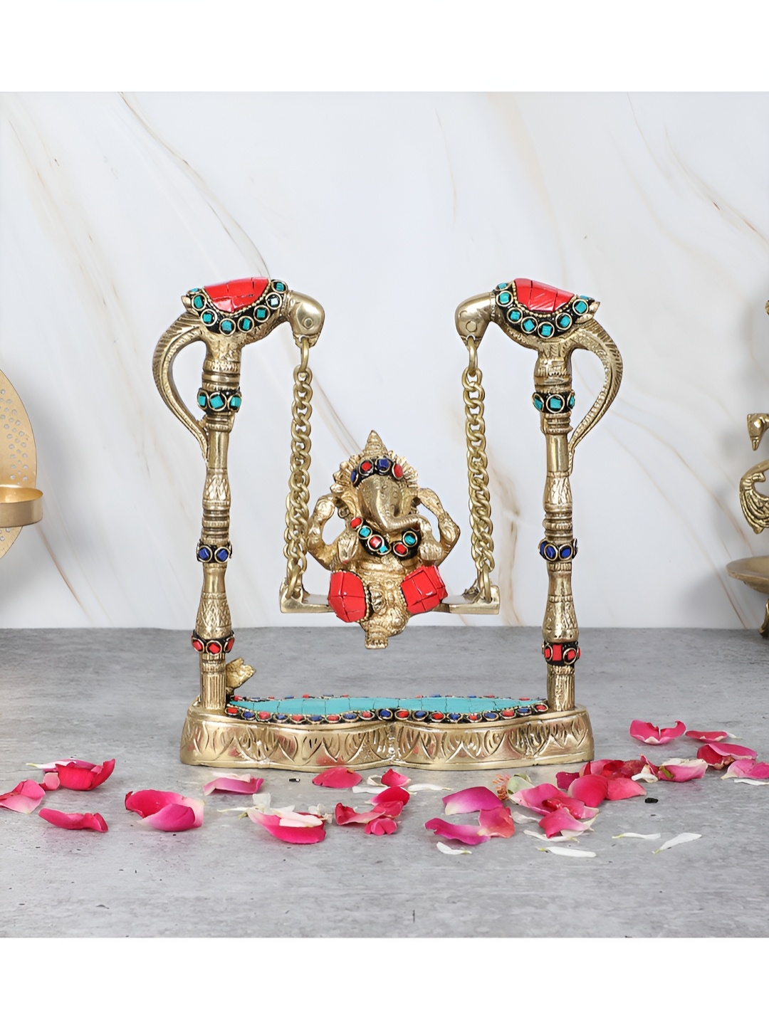 

Two Moustaches Religious Idol Ganesha On Peacock Swing Jhoola Brass Showpiece, Gold