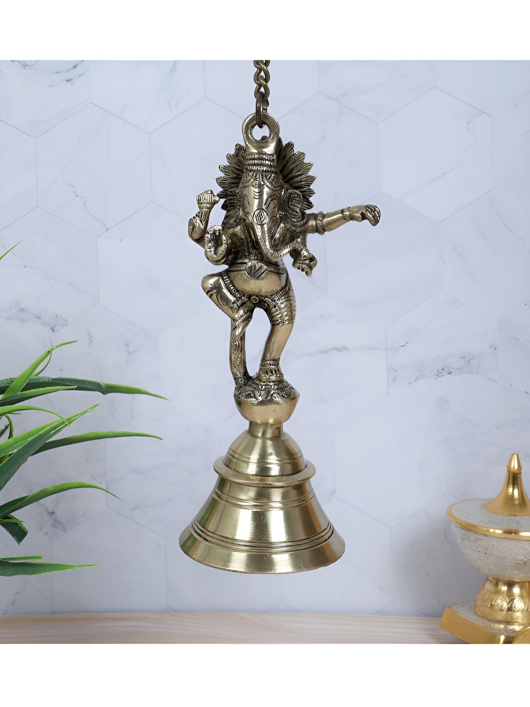 

Two Moustaches Brass Temple Bell With Dancing Ganesha On Chain Pooja Essential, Bronze