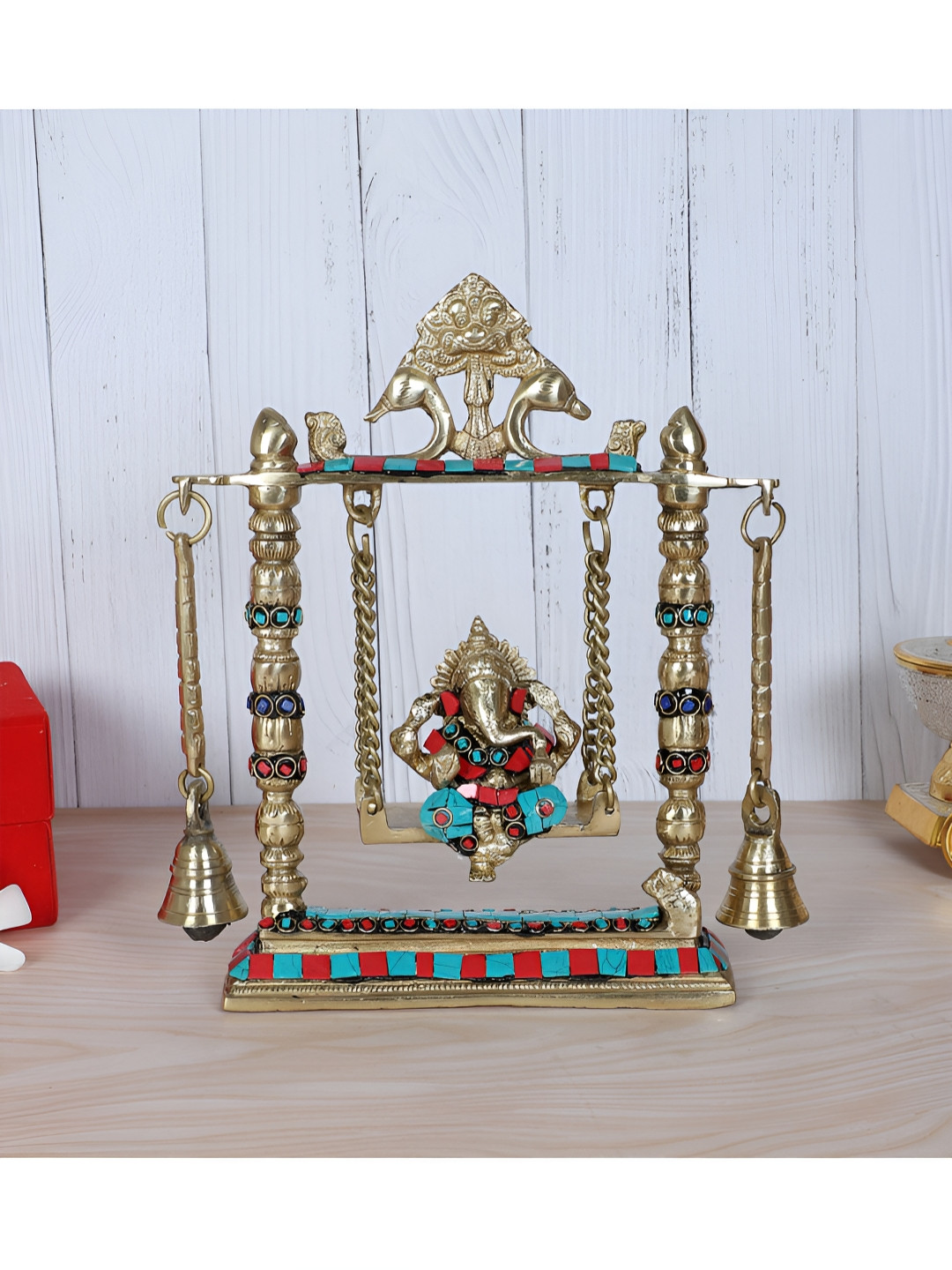 

Two Moustaches Blue Brass Religious Idol Ganesha On Jhoola Swing With Bells Showpiece, Gold