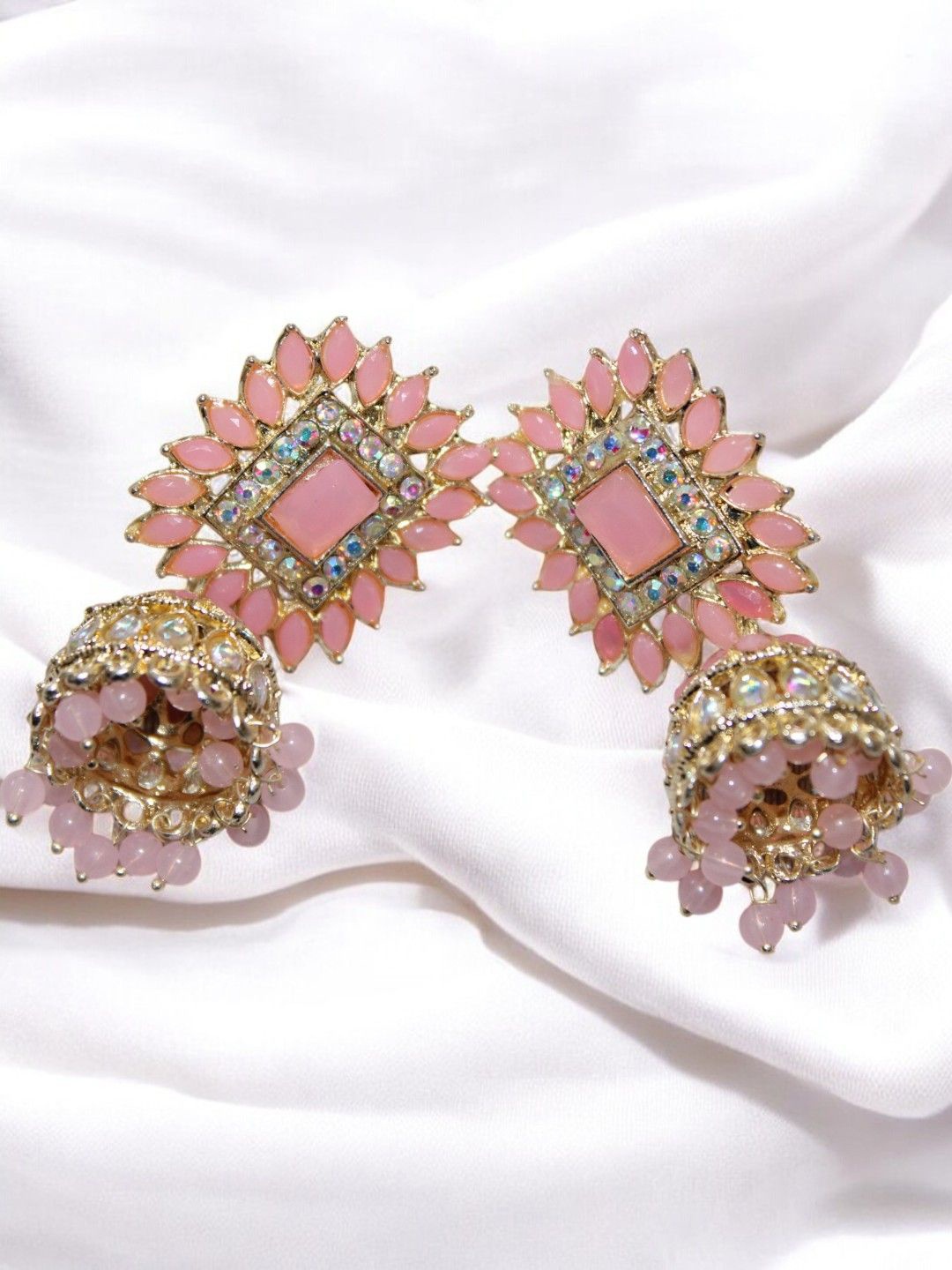 

Jolly Faces Gold-Plated Artificial Stones Studded & Beaded Dome Shaped Jhumkas