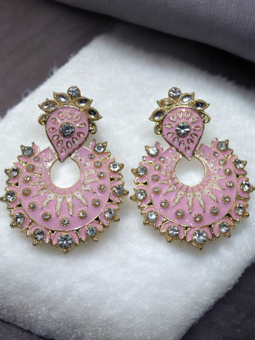 

Jolly Faces Gold-Plated Artificial Stones Studded Crescent Shaped Drop Earrings, Pink