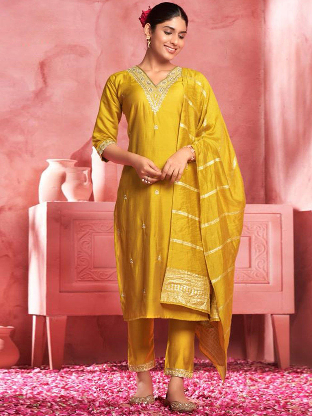 

Lookmark Ethnic Motifs Embroidered V-Neck Pure Cotton Kurta With Trouser And Dupatta, Yellow