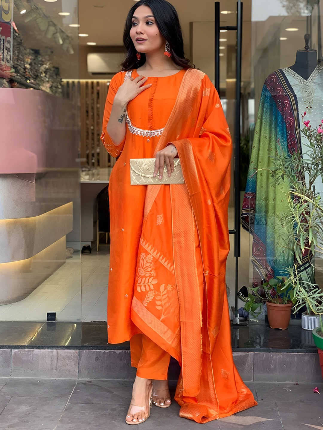 

Lookmark Emboidered Straight Kurta With Trouser And dupatta, Orange