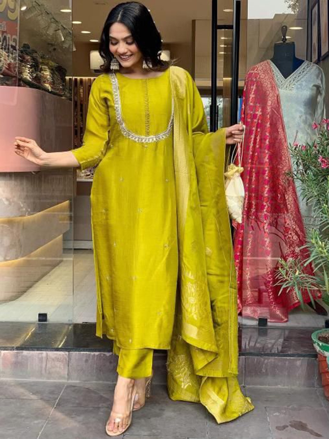 

Lookmark Floral Yoke Design ROund Neck Straight Kurta With Trousers And Dupatta, Yellow