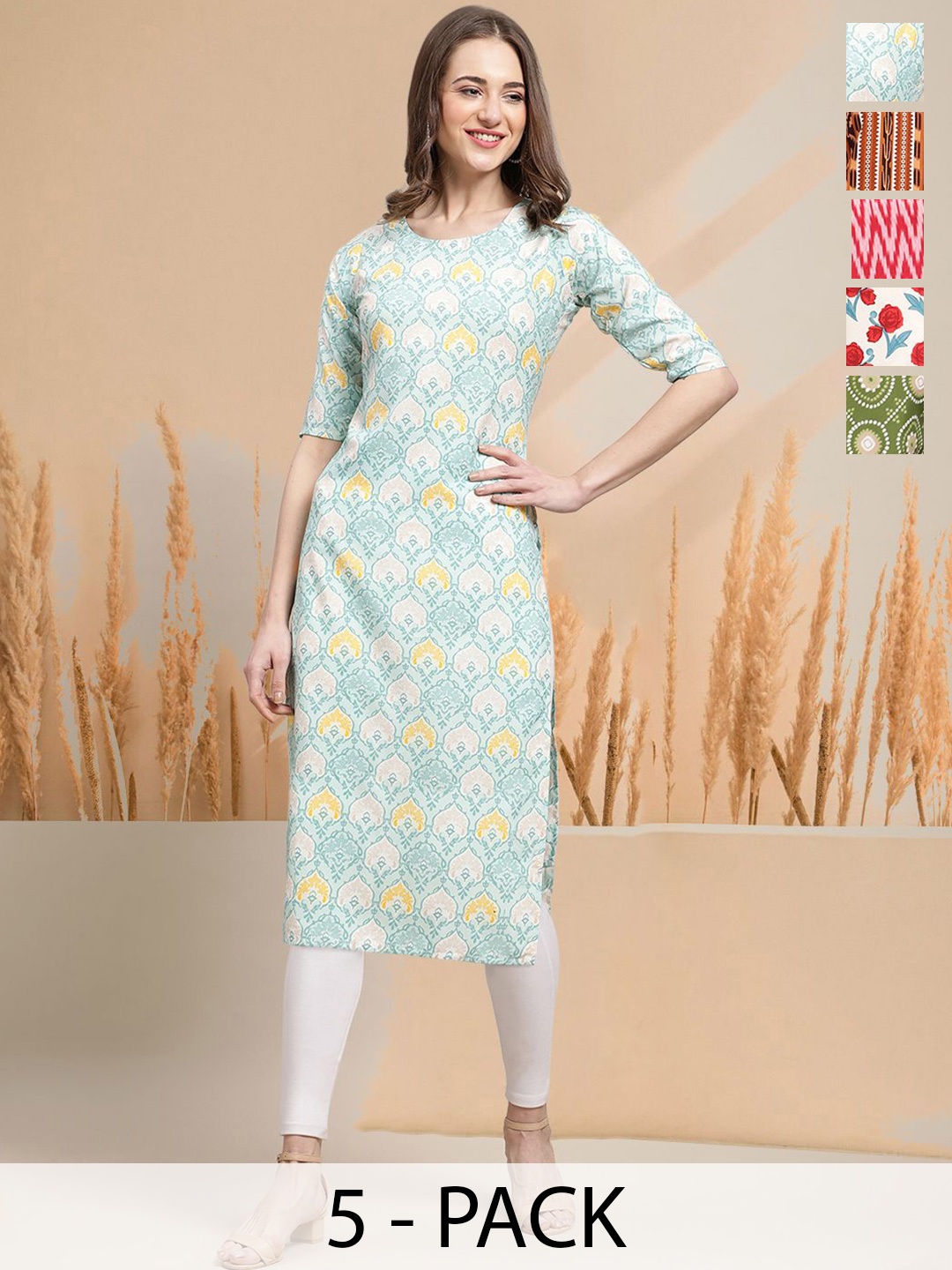 

7Threads Selection of 6 Ethnic Motifs Printed Round Neck Straight Kurtas, Blue
