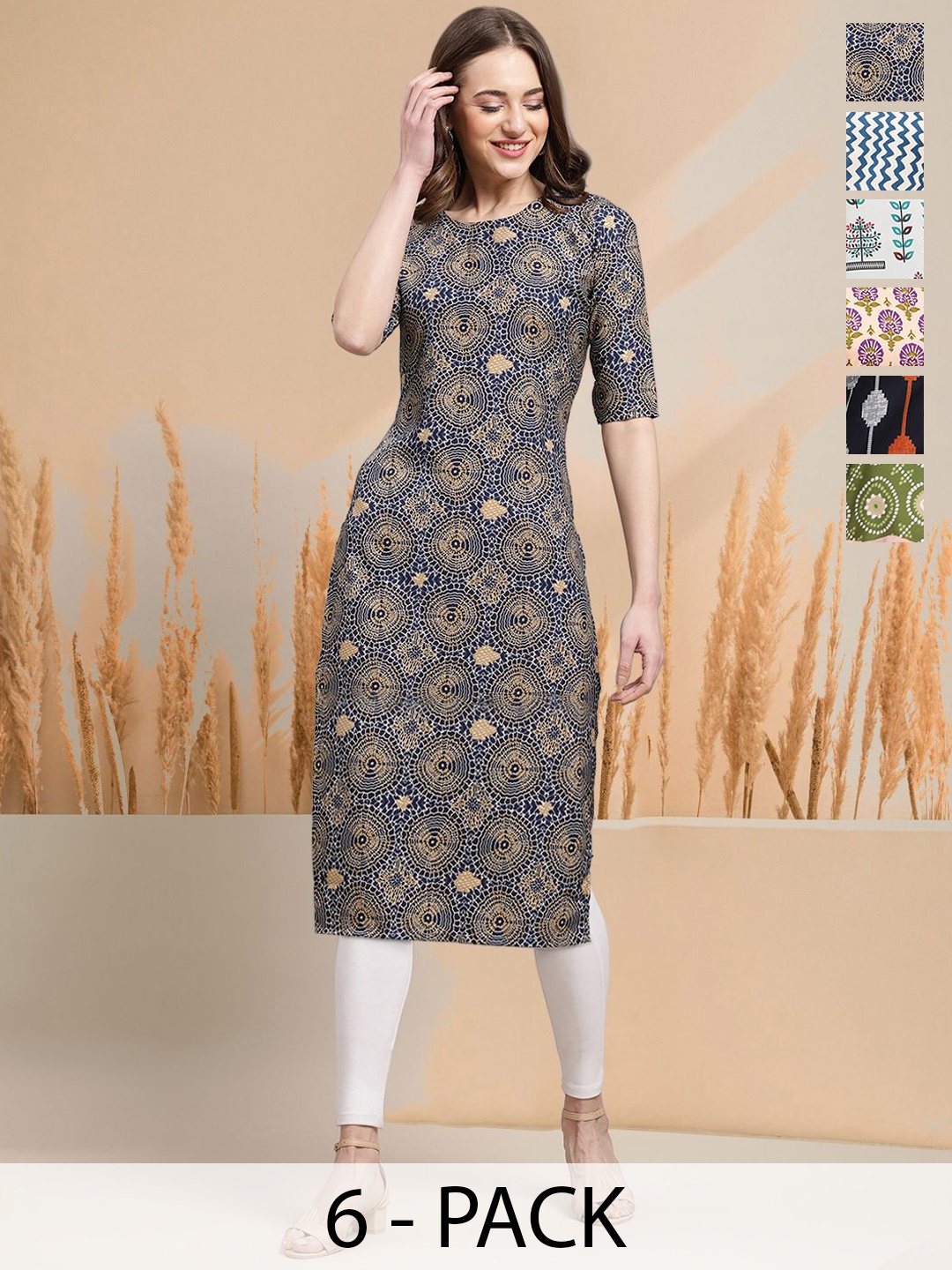 

7Threads Selection Of 6 Geometric Printed Round Neck Straight Kurtas, Navy blue