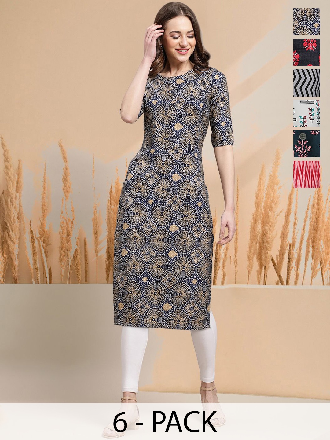 

7Threads Selection Of 6 Ethnic Motifs Printed Round Neck Straight Kurtas, Navy blue