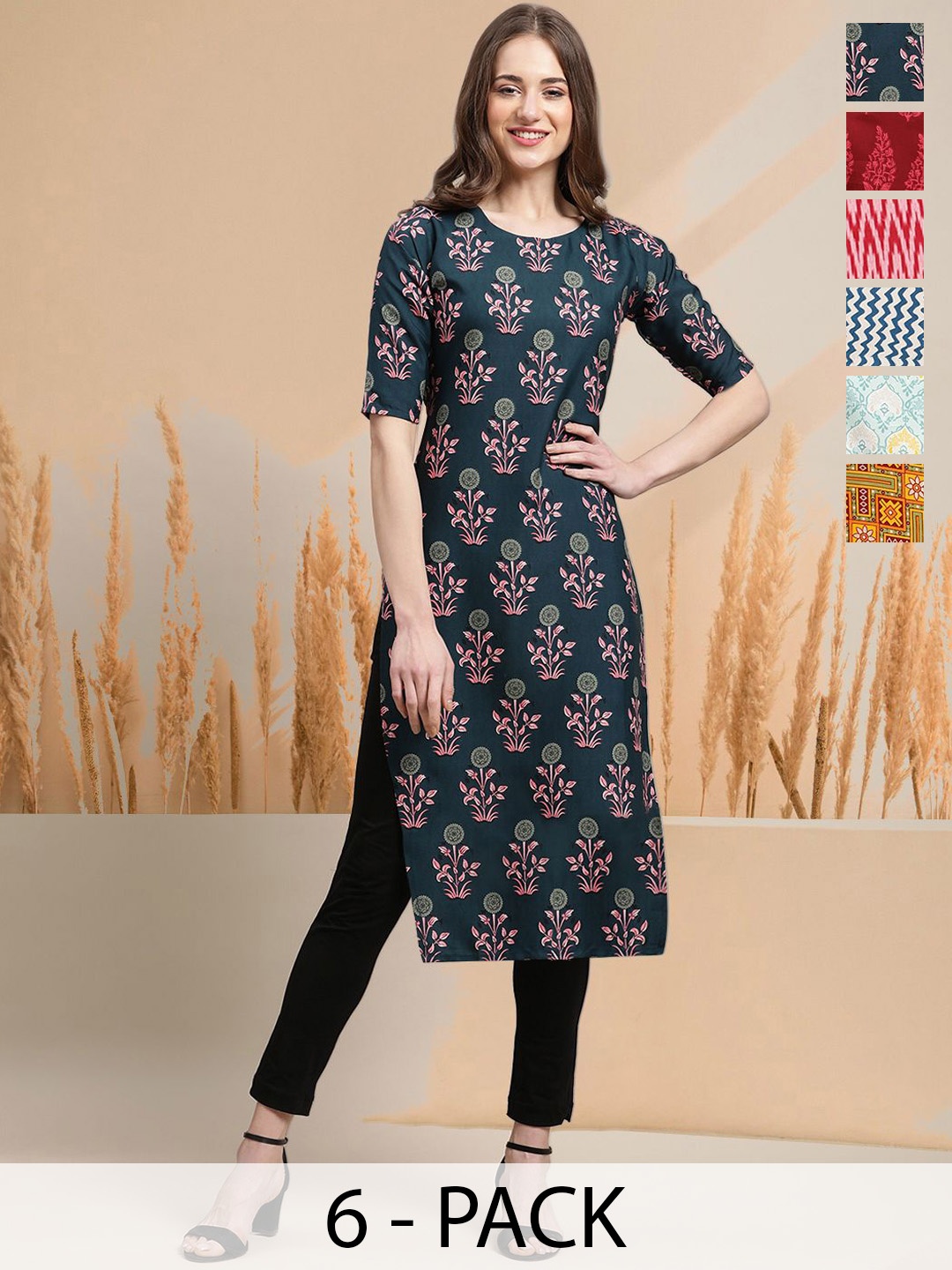

7Threads Selection Of 6 Floral Printed Round Neck Straight Kurtas, Navy blue