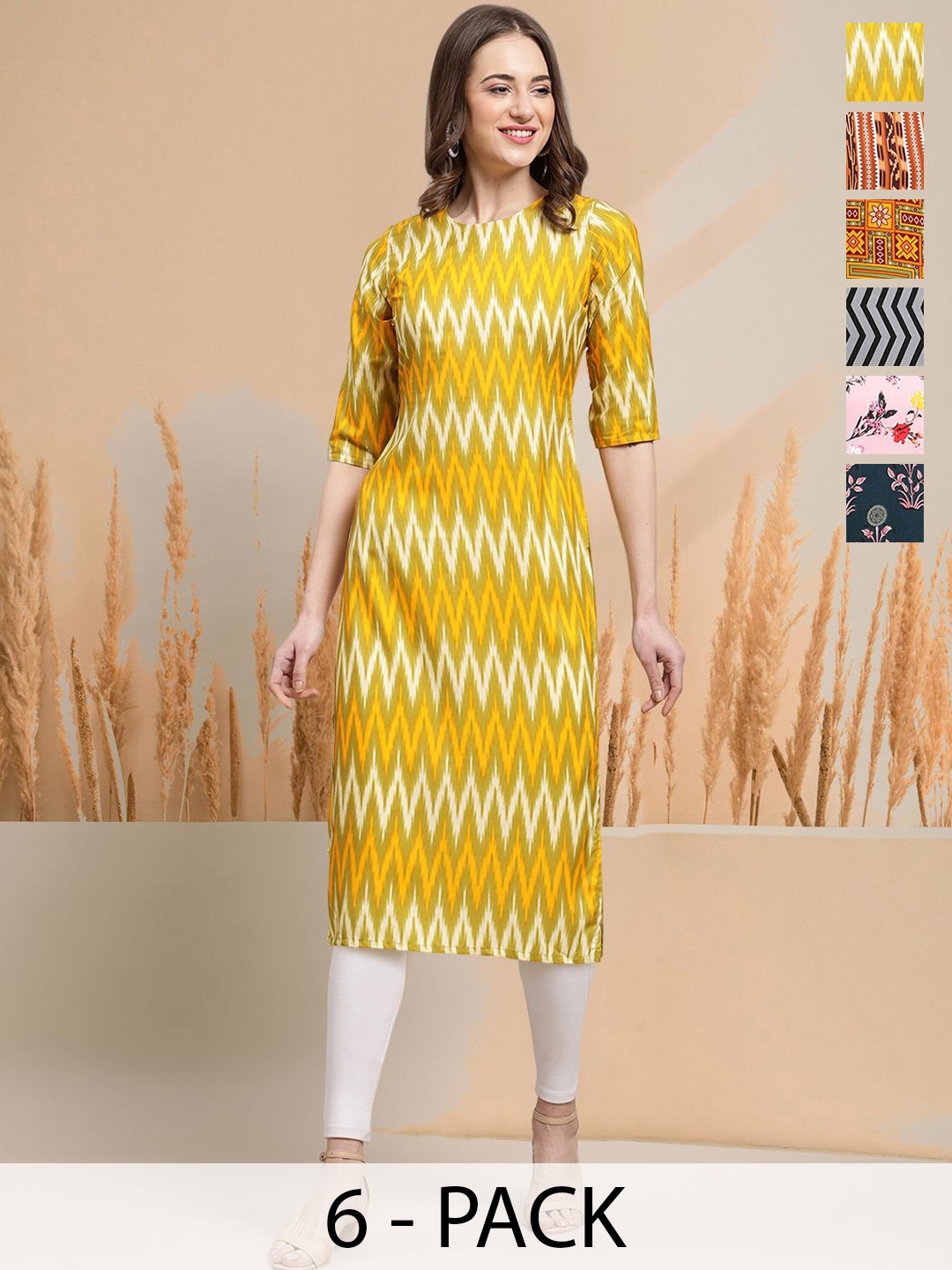 

7Threads Selection Of 6 Chevron Printed Round Neck Straight Kurtas, Yellow