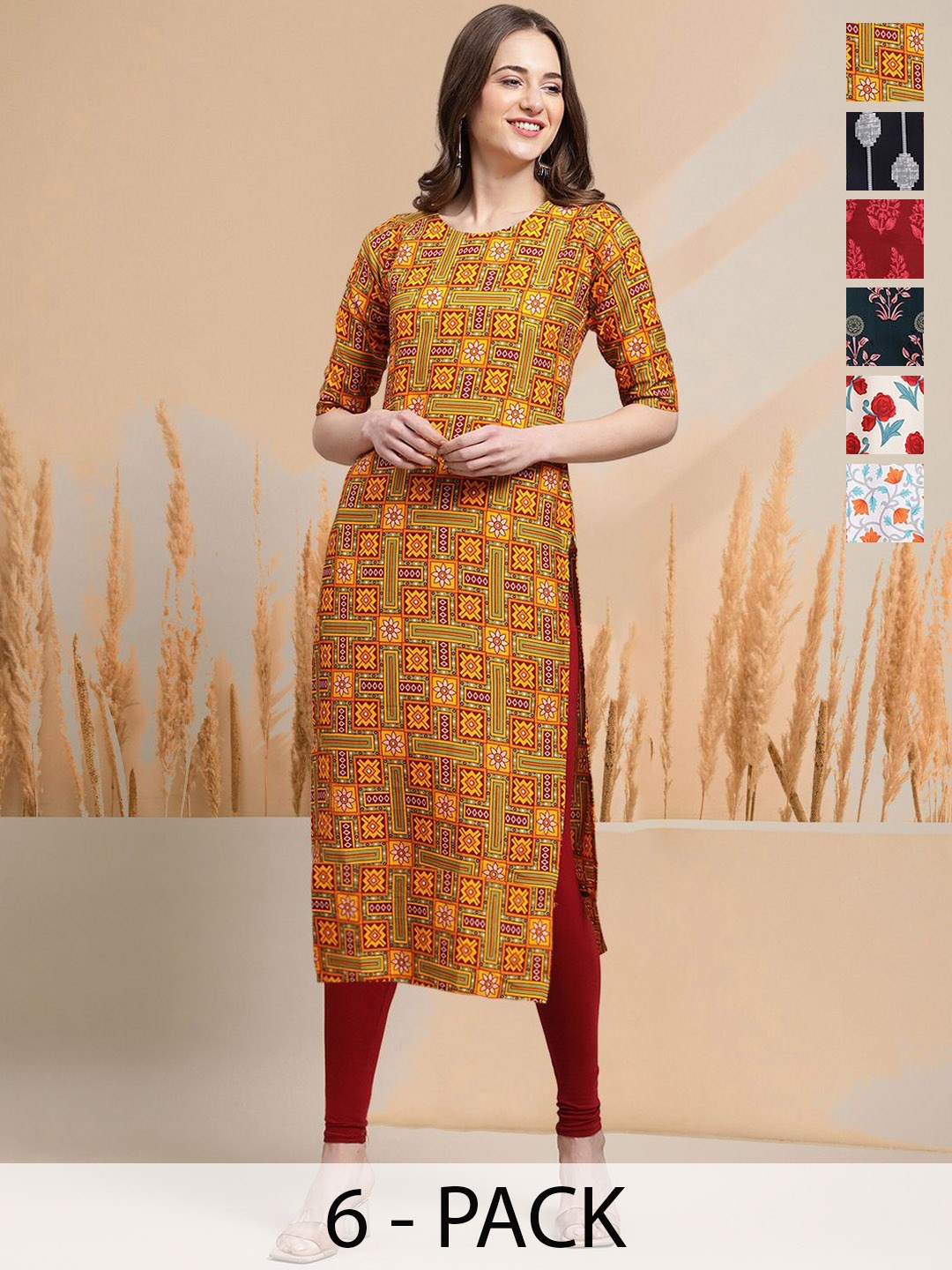 

7Threads Selection Of 6 Ethnic Motifs Printed Round Neck Straight Kurtas, Yellow