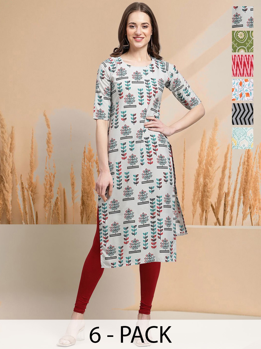 

7Threads Selection Of 6 Floral Printed Round Neck Straight Kurtas, Off white