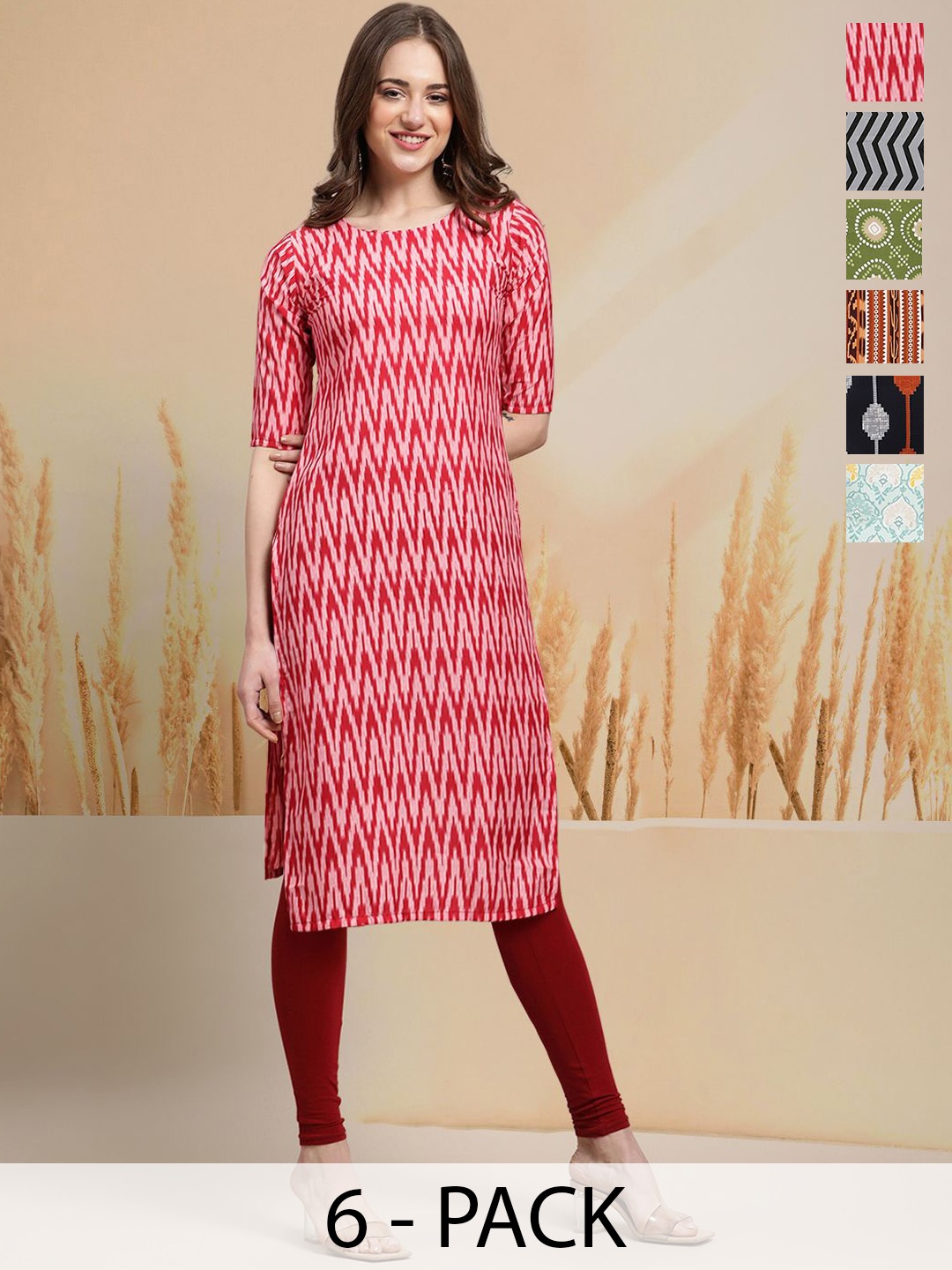 

7Threads Selection Of 6 Chevron Printed Round Neck Straight Kurtas, Red