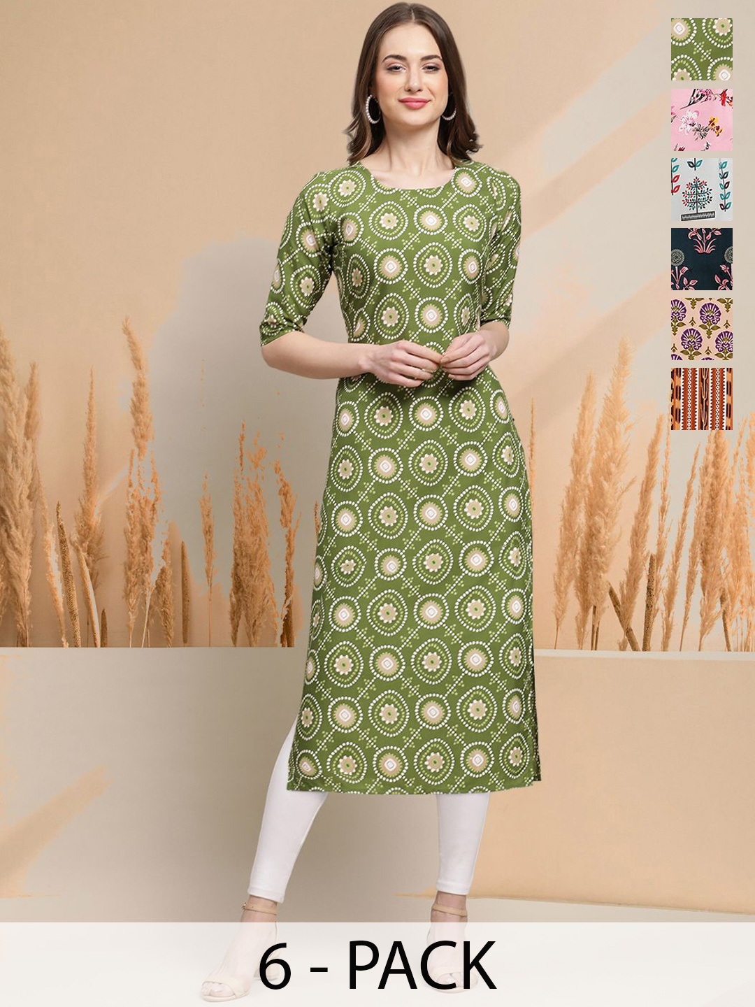 

7Threads Selection Of 6 Ethnic Motifs Printed Round Neck Straight Kurtas, Olive