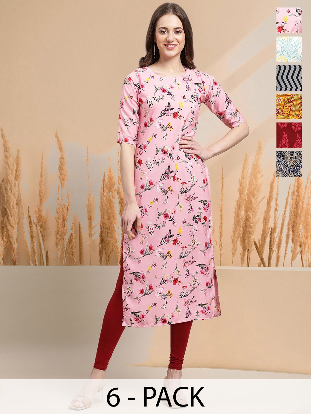 

7Threads Selection Of 6 Floral Printed Round Neck Straight Kurtas, Pink