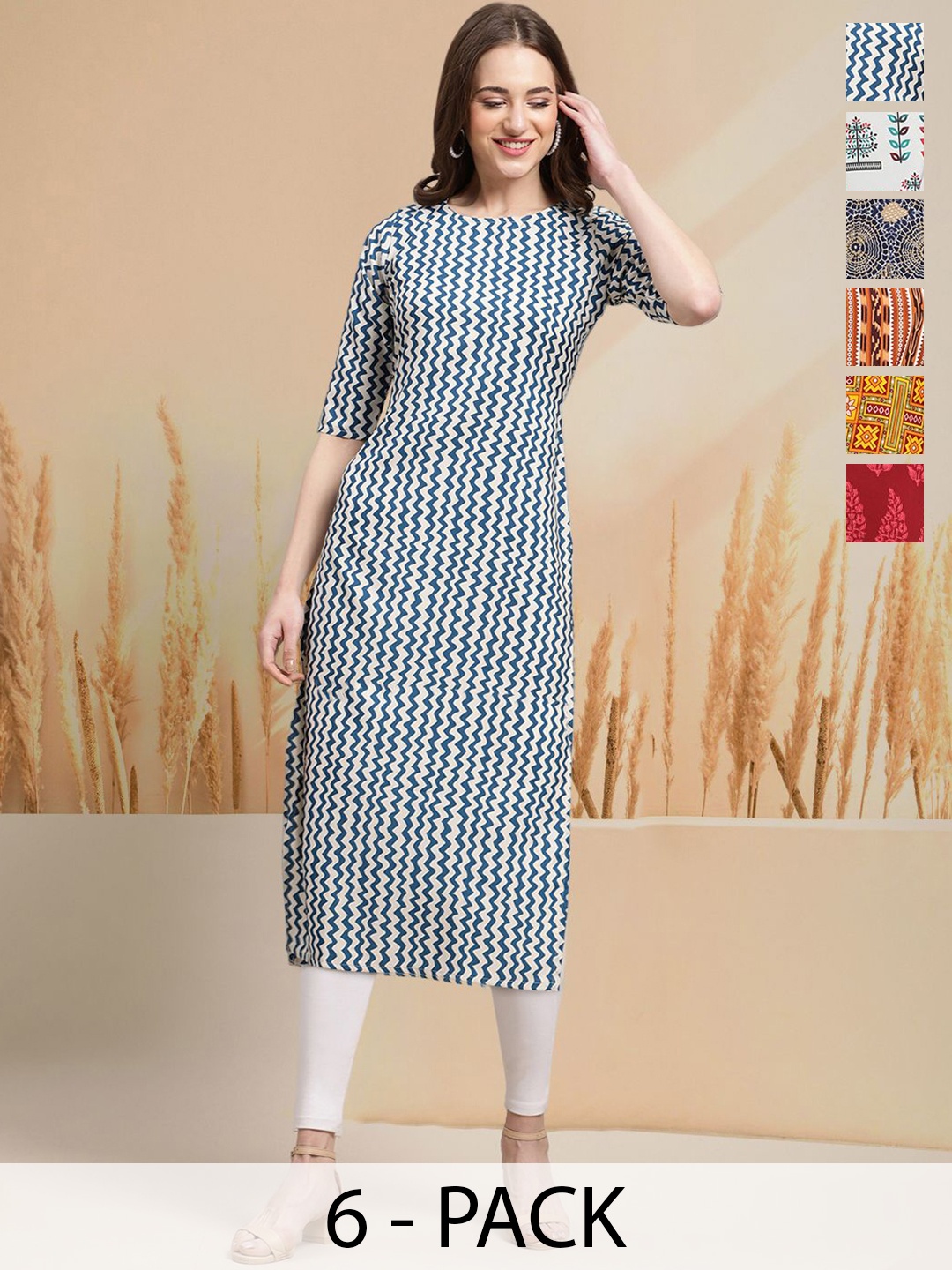

7Threads Selection of 6 Chevron Printed Round Neck Straight Kurtas, Blue