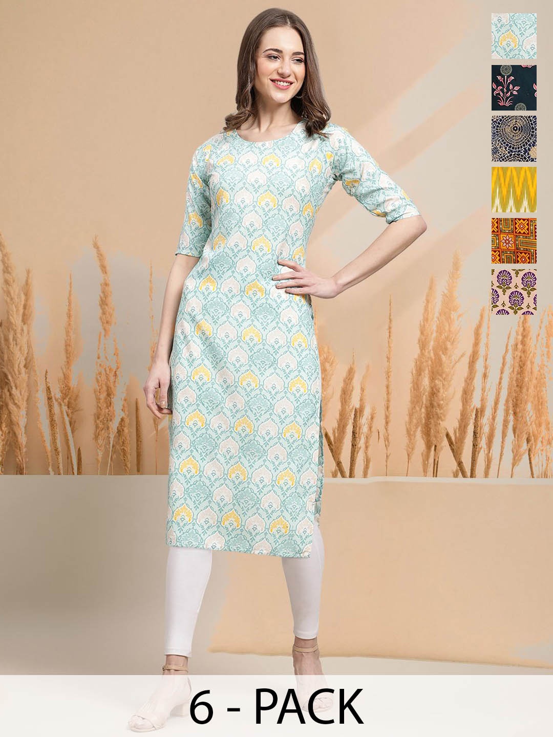 

7Threads Selection Of 6 Floral Printed Round Neck Straight Kurtas, Blue