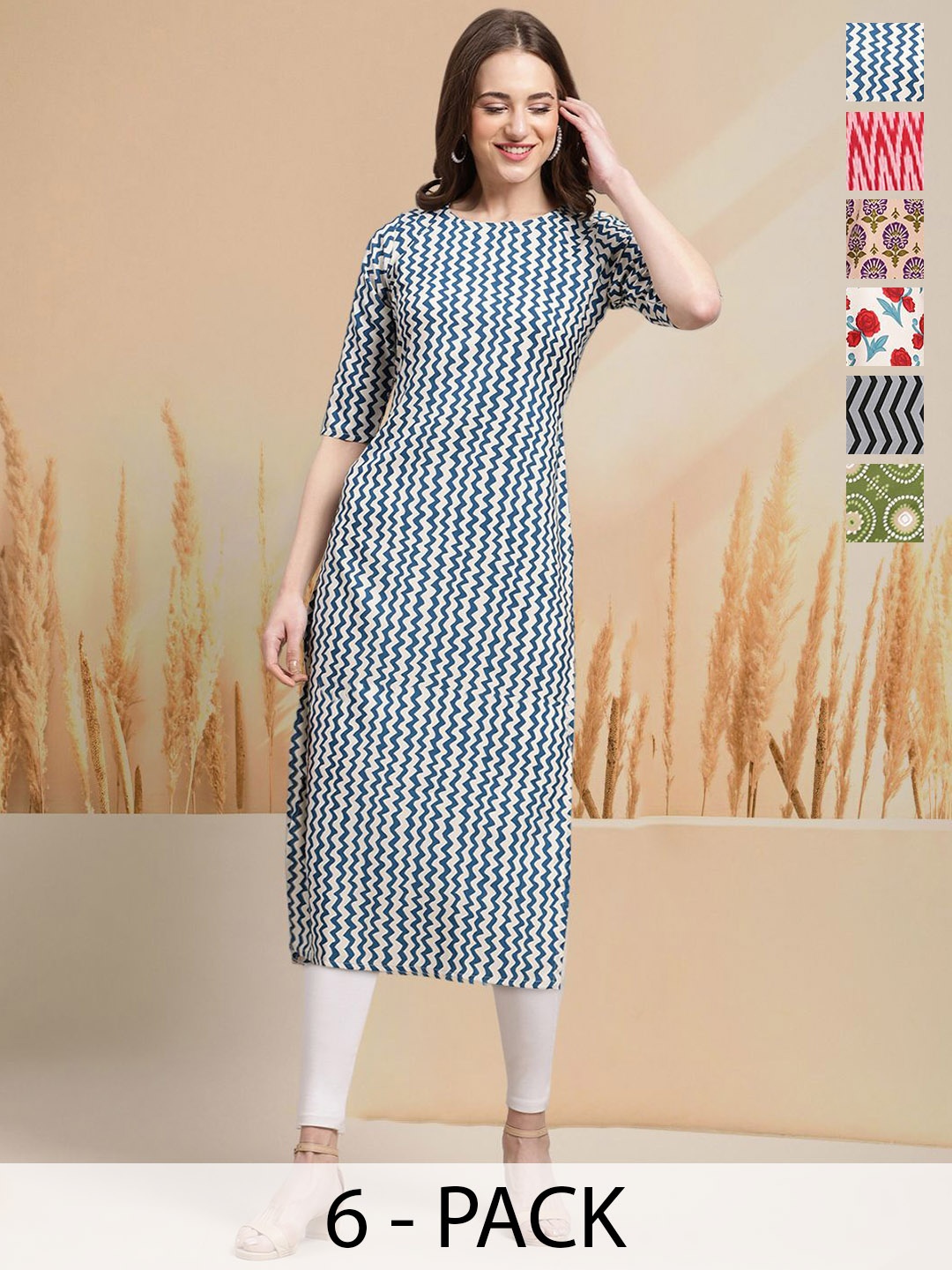 

7Threads Selection Of 6 Chevron Printed Round Neck Kurtas, Blue