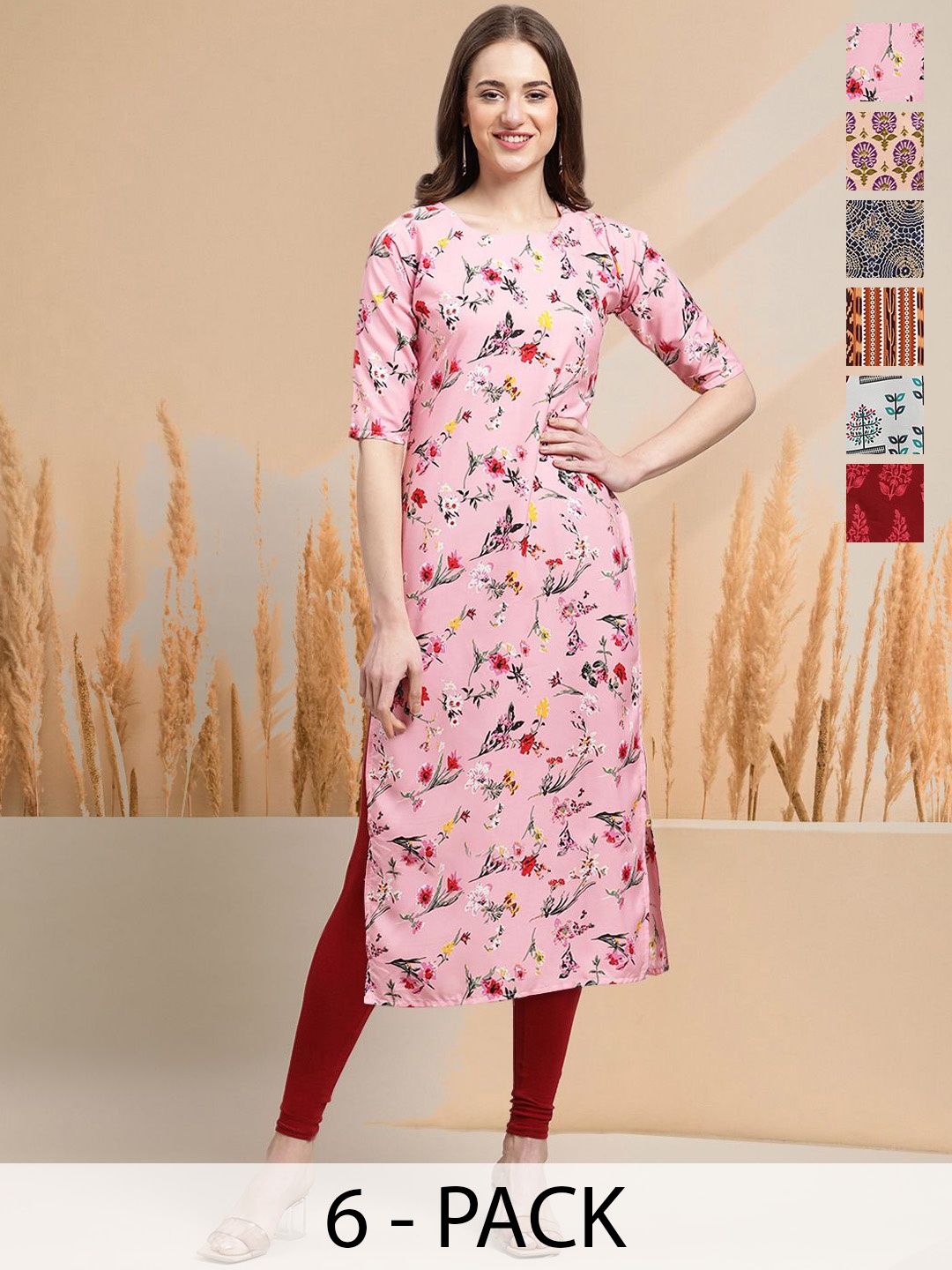 

7Threads Selection Of 6 Floral Printed Round Neck Straight Kurtas, Pink