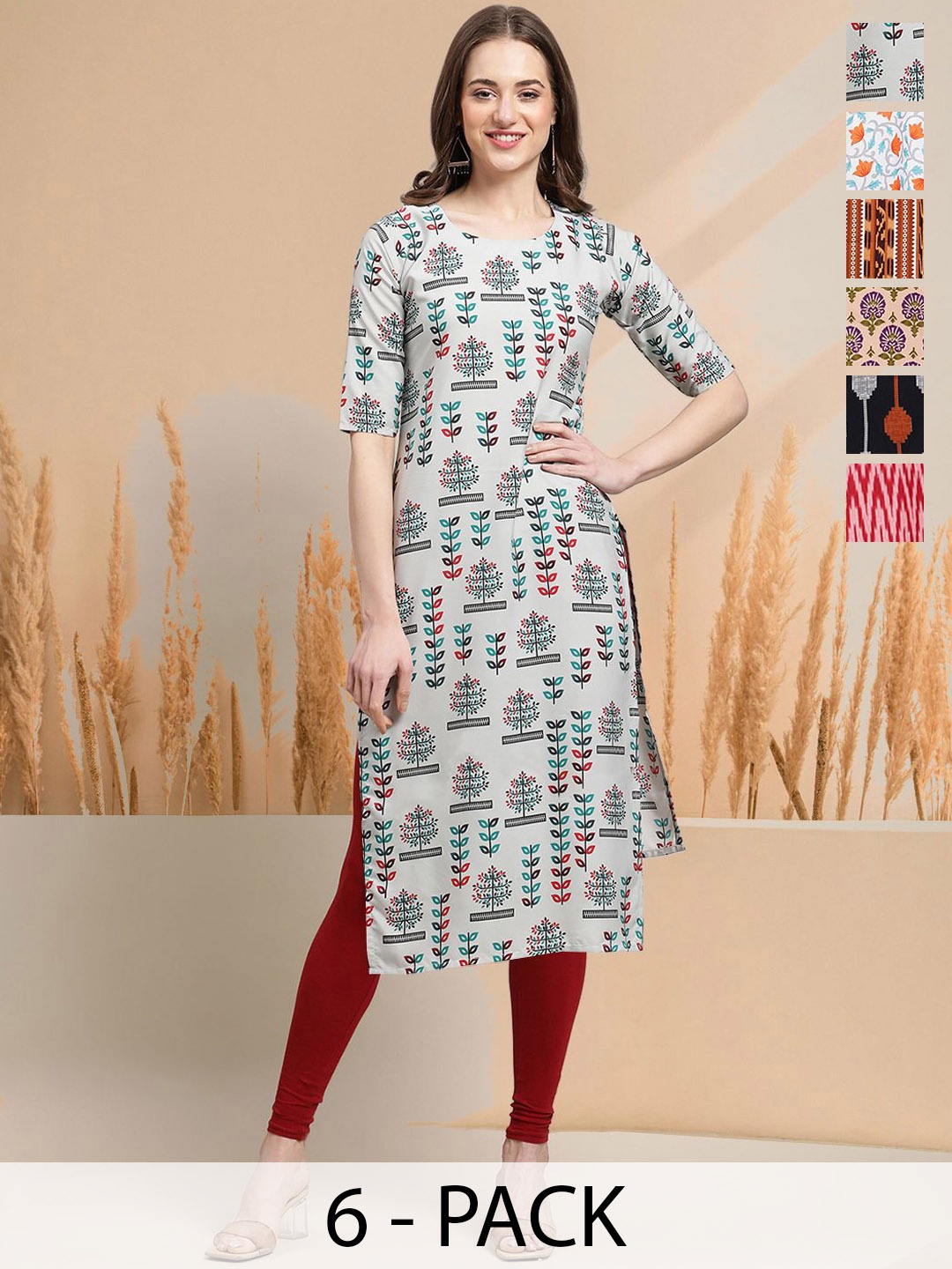 

7Threads Selection Of 6 Floral Printed Round Neck Straight Kurtas, Blue