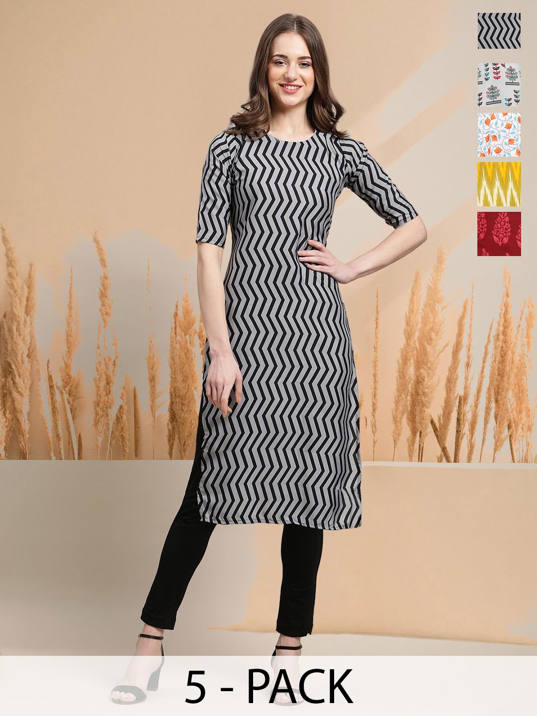 

7Threads Selection Of 5 Chevron Printed Round Neck Straight Kurtas, Black
