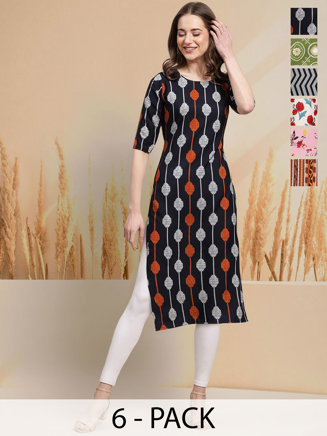 

7Threads Selection Of 6 Geometric Printed Round Neck Kurtas, Black