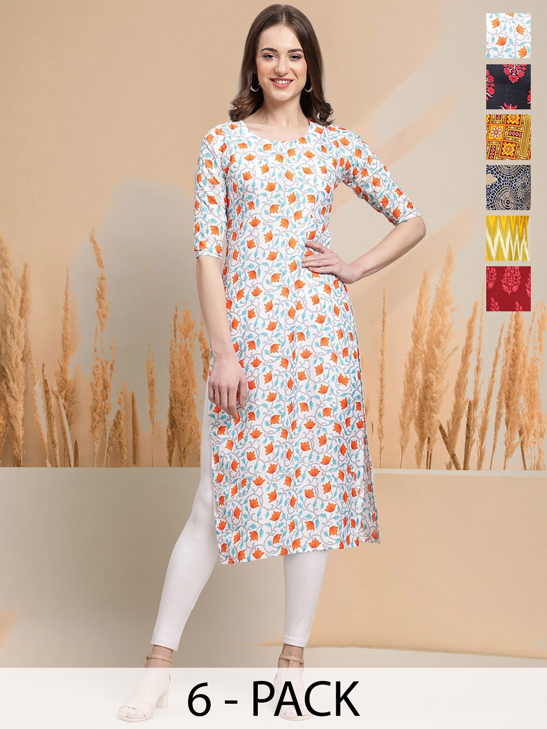 

7Threads Selection Of 6 Floral Printed Round Neck Straight Kurtas, White