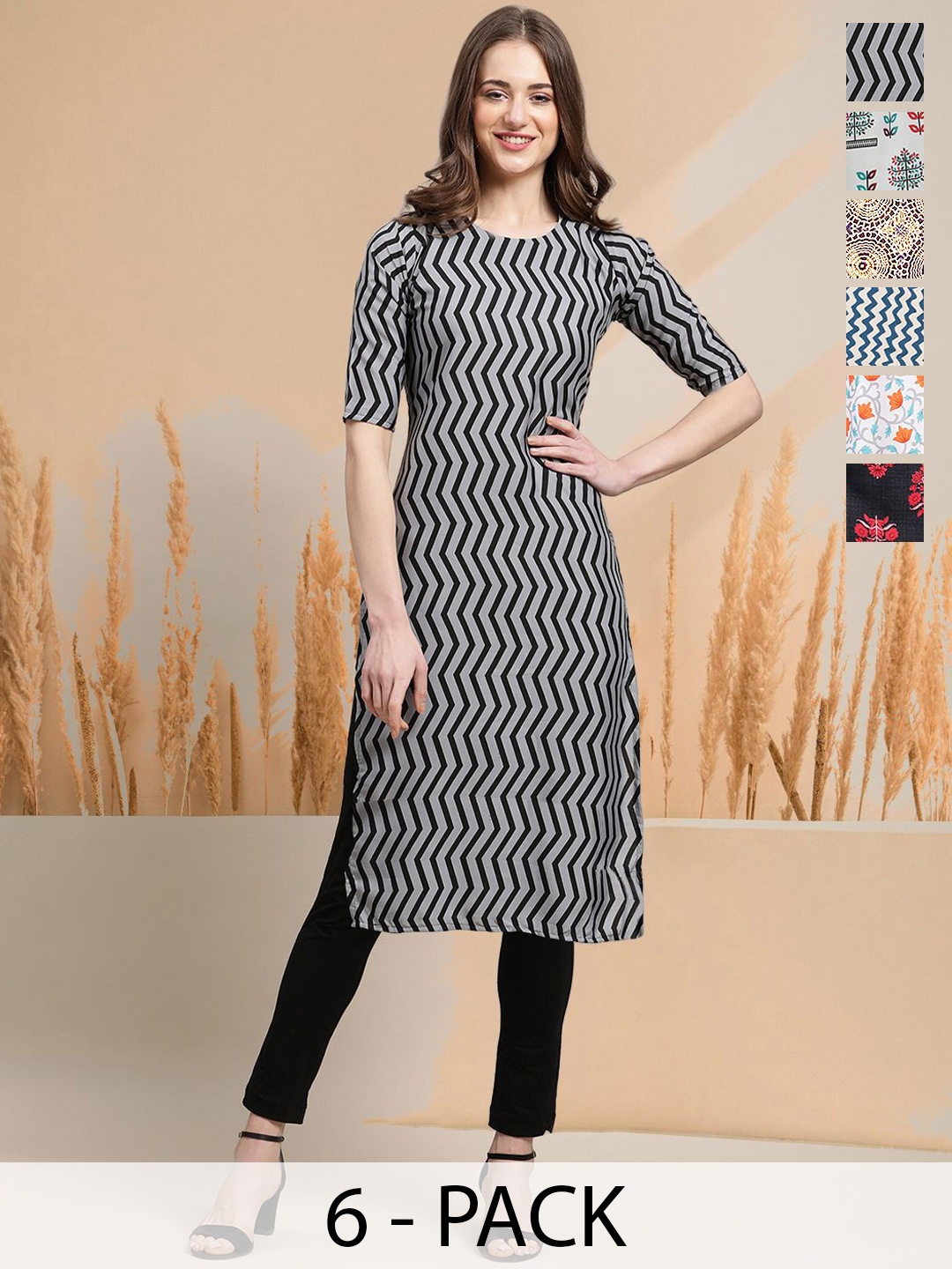 

7Threads Selection Of 6 Chevron Printed Round Neck Straight Kurtas, Black