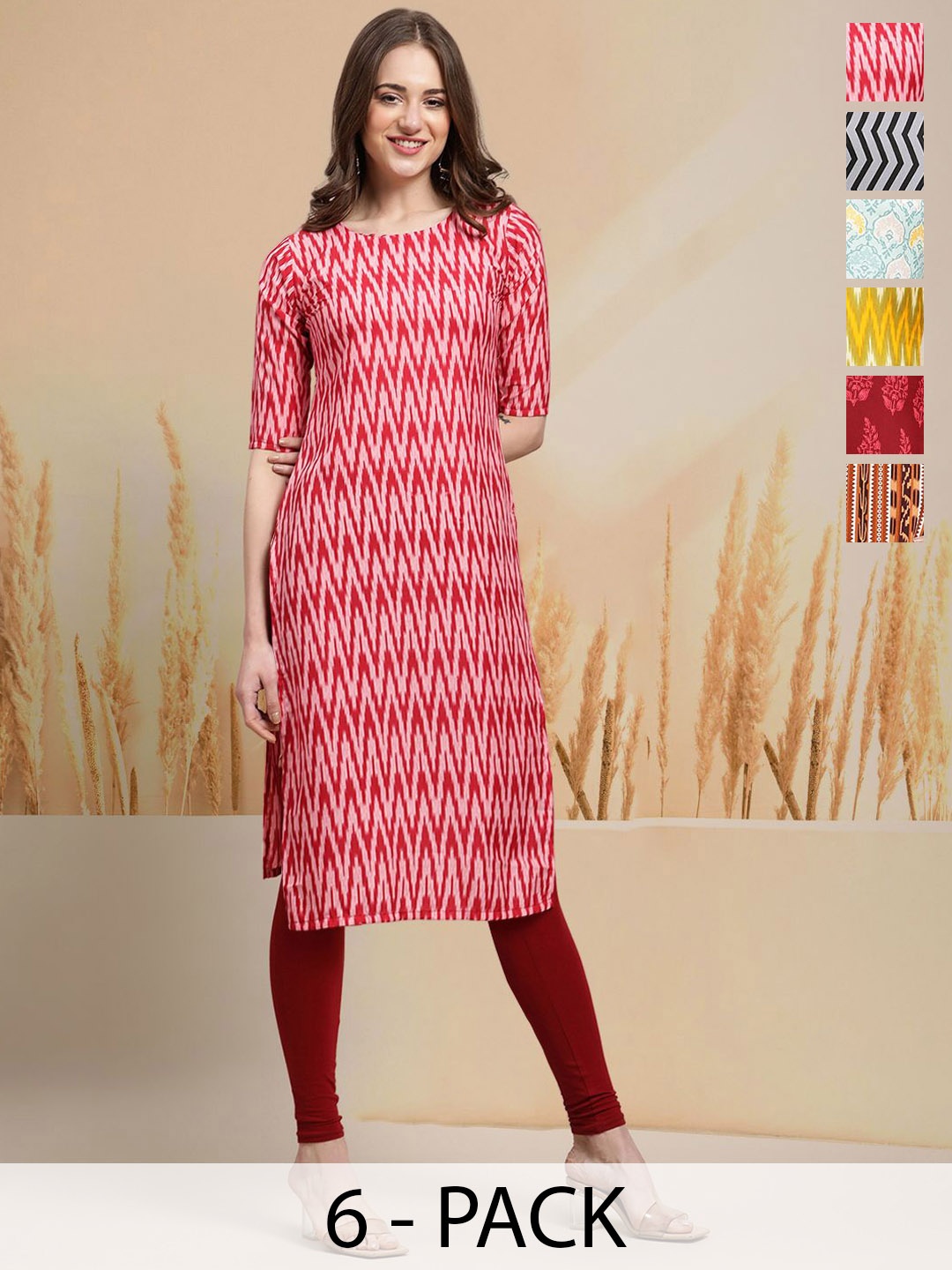 

7Threads Selection of 6 Chevron Printed Round Neck Straight Kurtas, Red