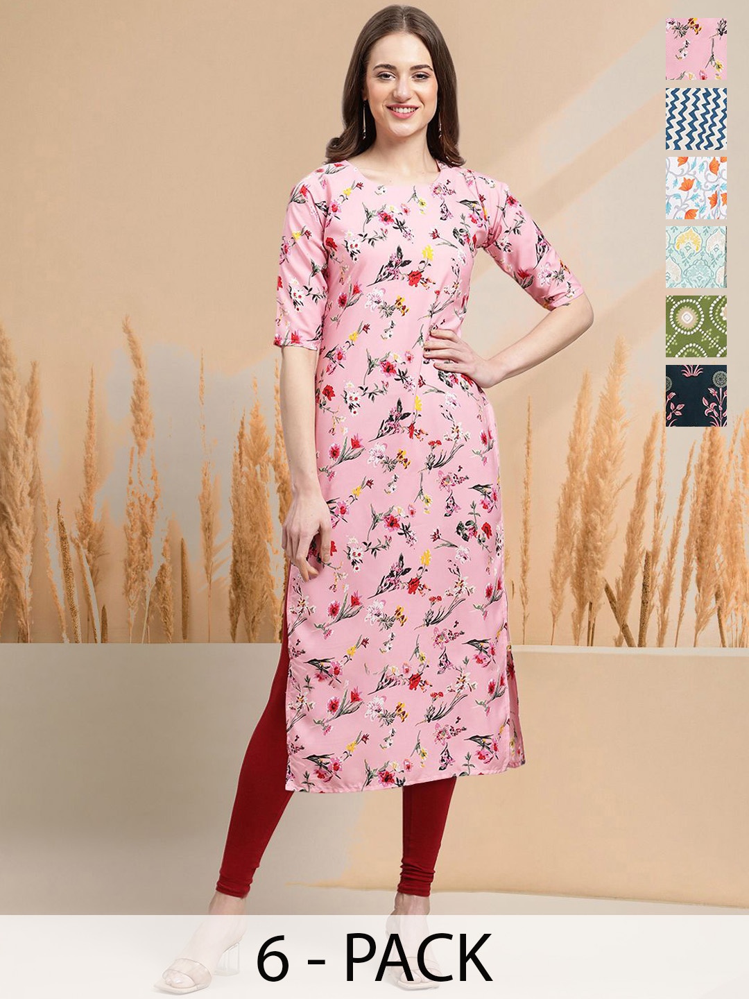 

7Threads Selection Of 6 Floral Printed Round Neck Straight Kurtas, Pink