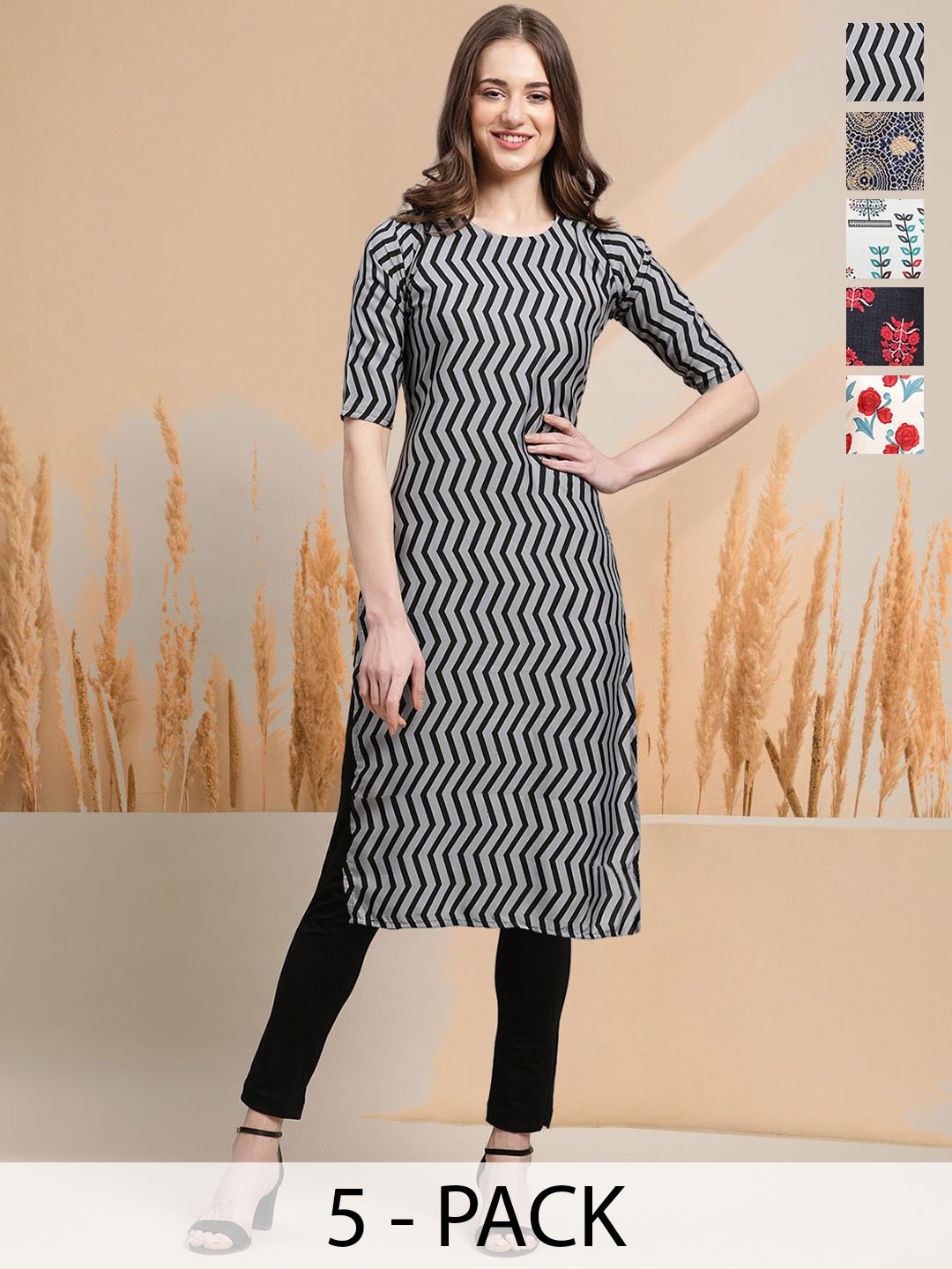 

7Threads Selection Of 6 Chevron Printed Round Neck Straight Kurtas, Grey