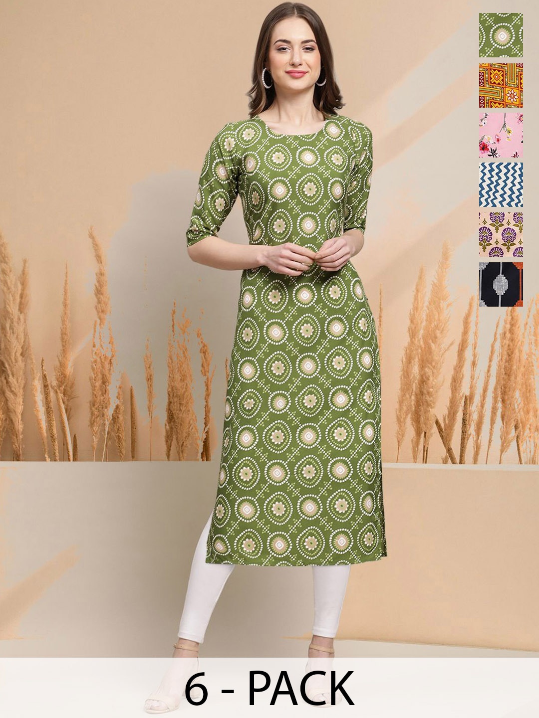 

7Threads Selection Of 6 Ethnic Motifs Printed Round Neck Straight Kurtas, Green