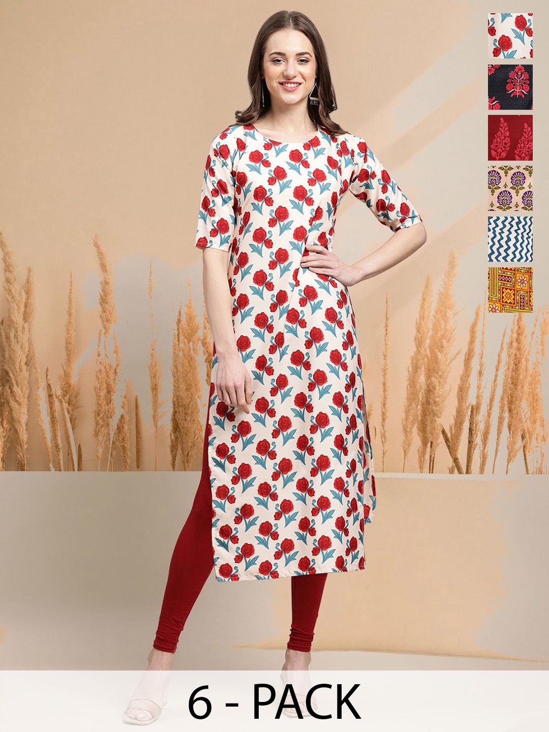 

7Threads Selection Of 6 Floral Printed Round Neck Straight Kurtas, White