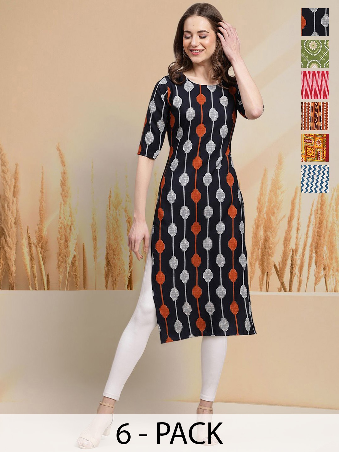 

7Threads Selection Of 6 Ethnic Motifs Printed Round Neck Straight Kurtas, Black