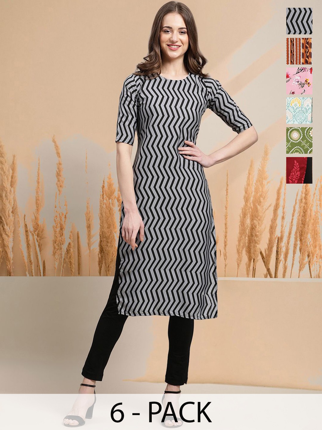 

7Threads Selection Of 6 Chevron Printed Round Neck Kurtas, Grey