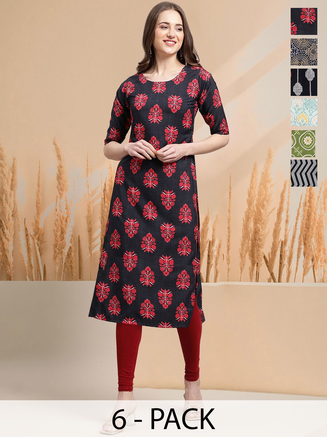 

7Threads Selection Of 6 Floral Printed Round Neck Straight Kurtas, Black