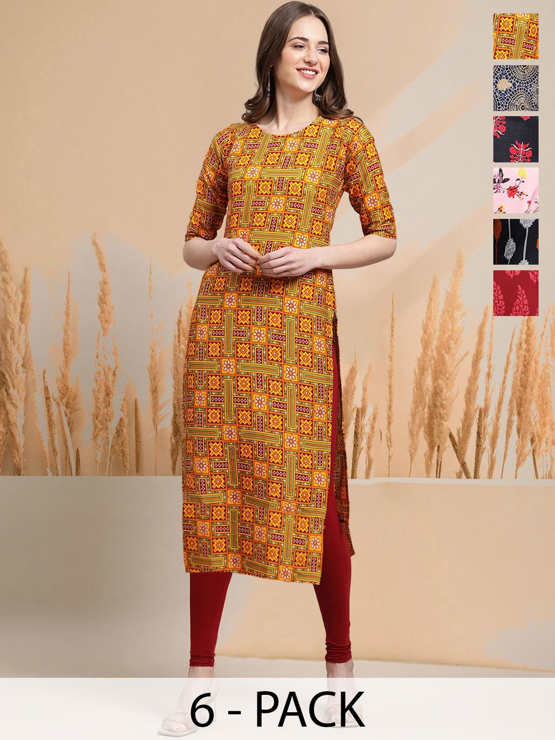 

7Threads Selection Of 6 Ethnic Motifs Printed Round Neck Straight Kurtas, Mustard