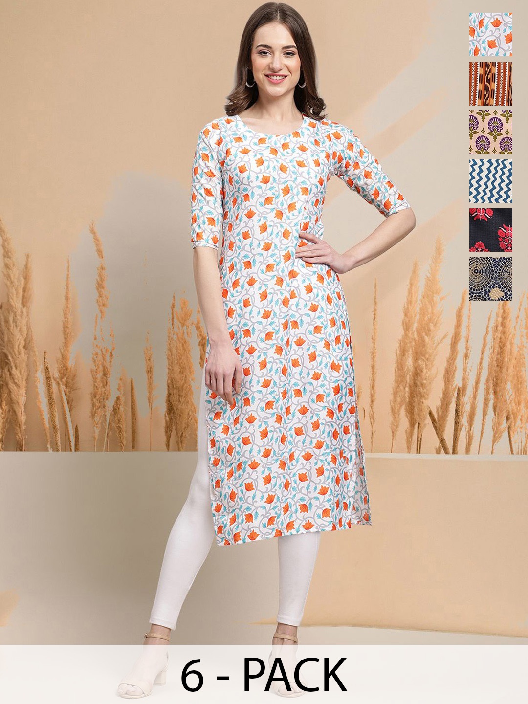 

7Threads Selection Of 6 Ethnic Motifs Printed Round Neck Straight Kurtas, White