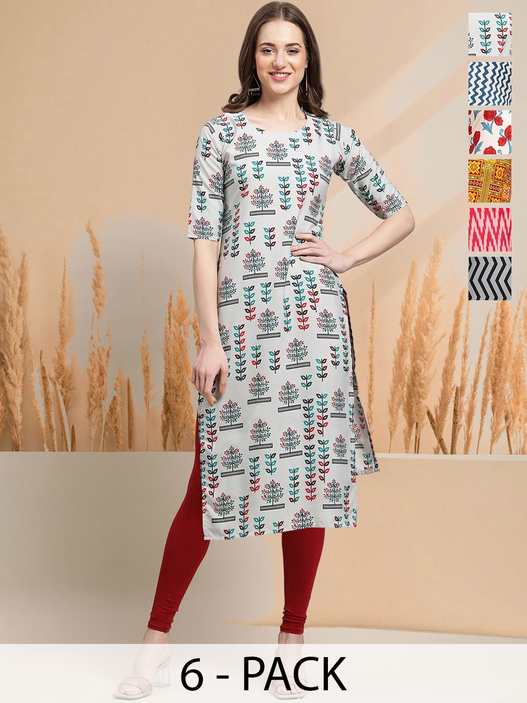 

7Threads Selection Of 6 Floral Printed Round Neck Straight Kurtas, Blue