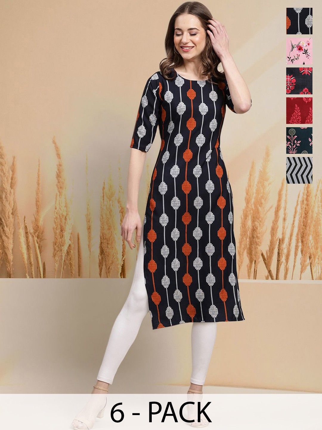 

7Threads Selection Of 6 Ethnic Motifs Printed Round Neck Straight Kurtas, Black