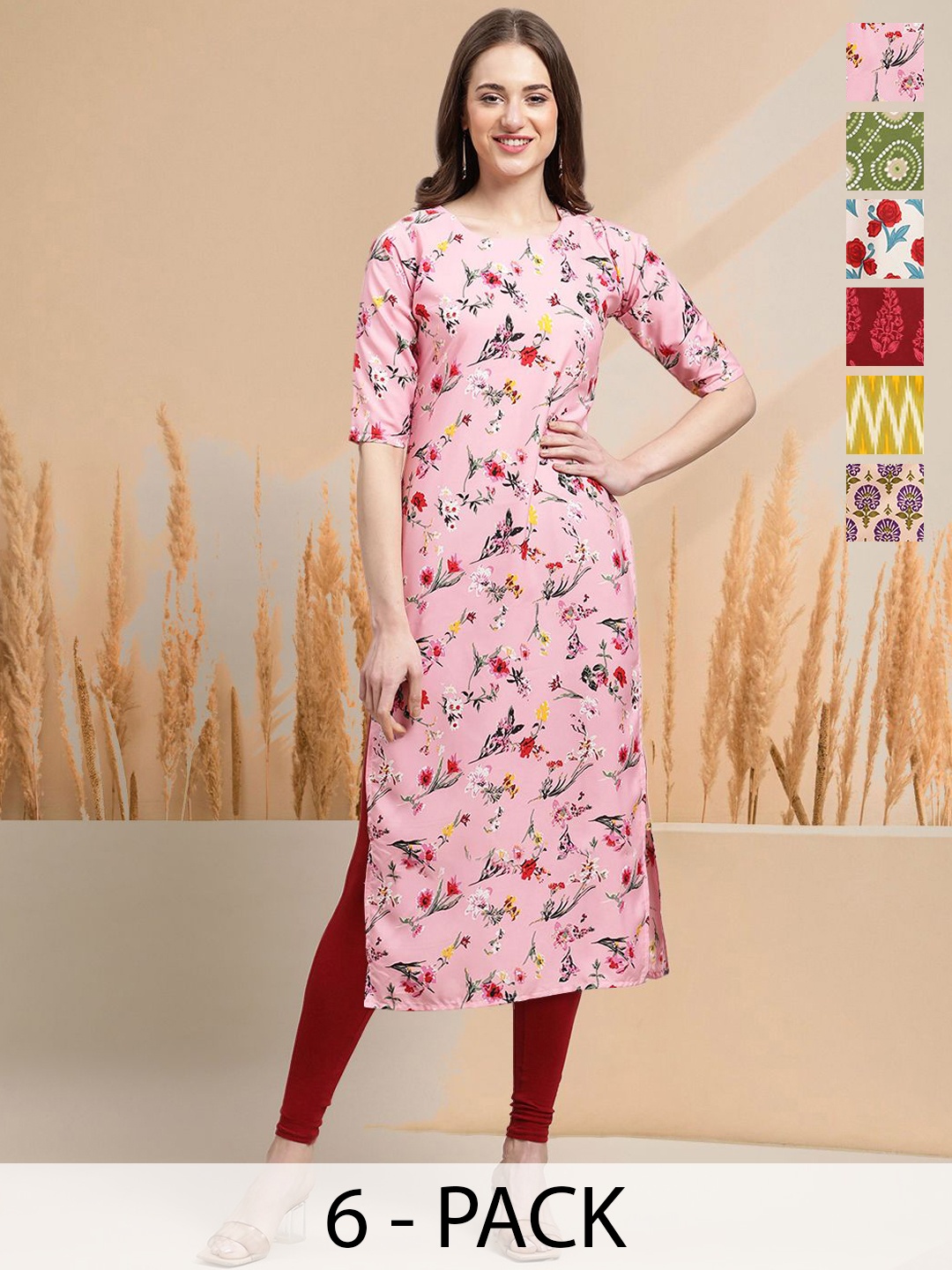 

7Threads Selection of 6 Floral Printed Round Neck Straight Kurtas, Pink