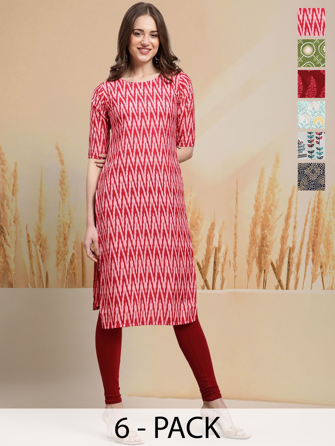 

7Threads Selection Of 6 Chevron Printed Round Neck Straight Kurtas, Pink