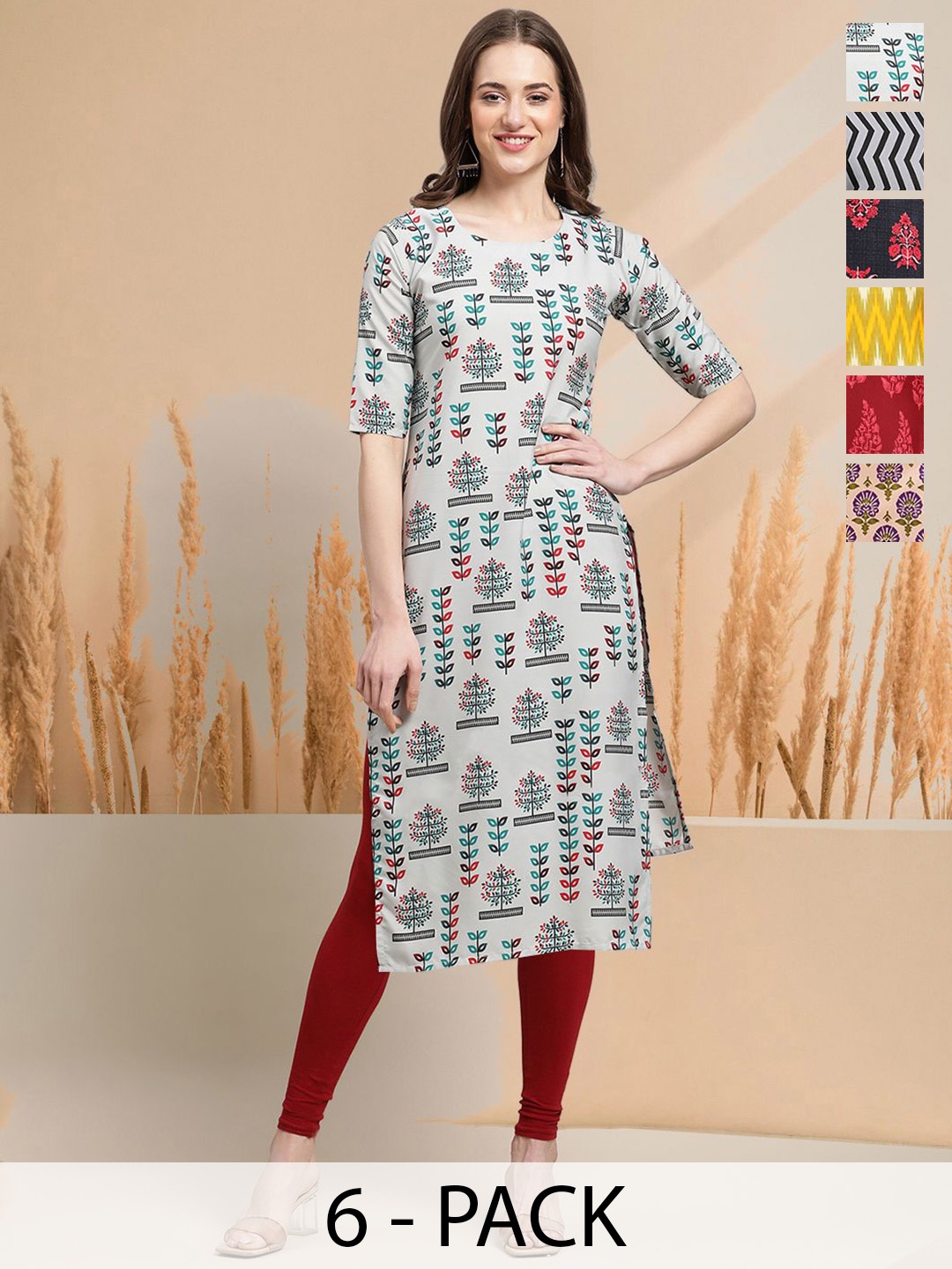 

7Threads Selection Of 6 Ethnic Motifs Printed Round Neck Straight Kurtas, Grey