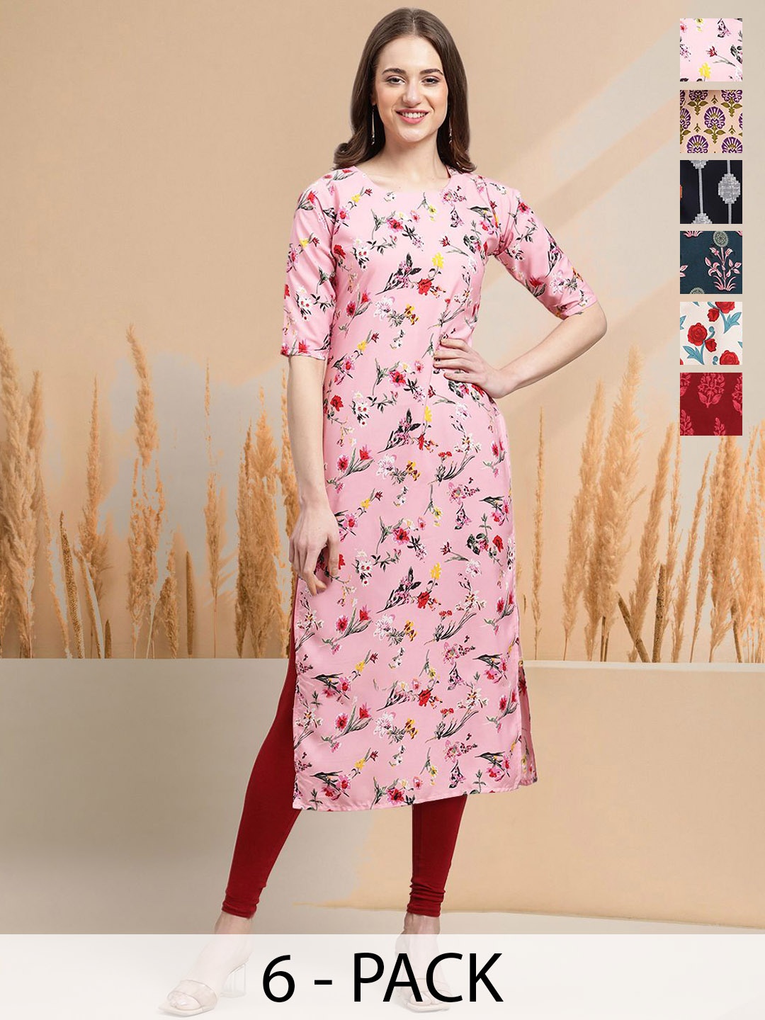 

7Threads Selection Of 6 Floral Printed Round Neck Straight Kurtas, Pink